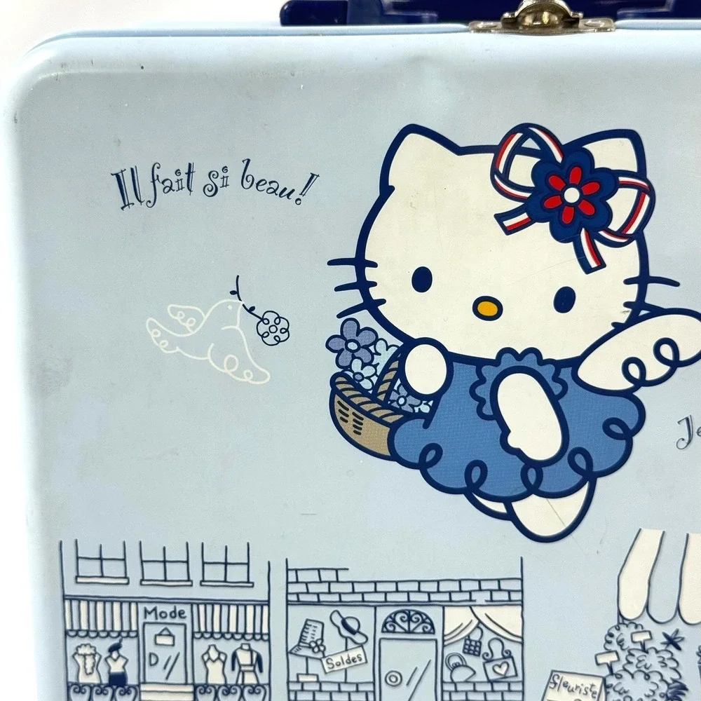 VTG 2002 Sanrio Hello Kitty Metal Lunch Box Tin French Cafe Blue Y2K Stationery